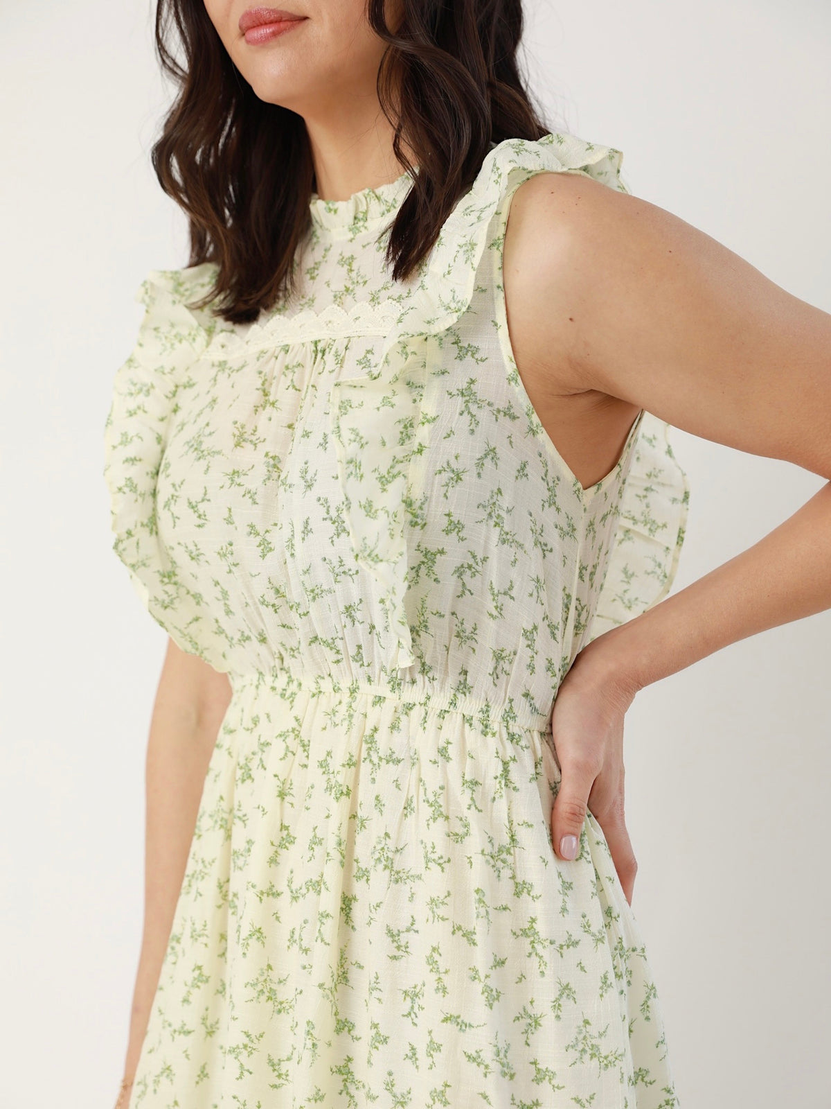 Floral Ruffled Neck Lace Bodice Dress
