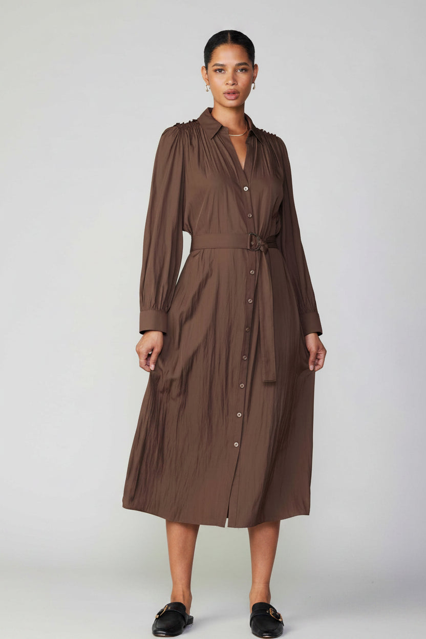 Balloon Sleeve Belted Shirt Dress