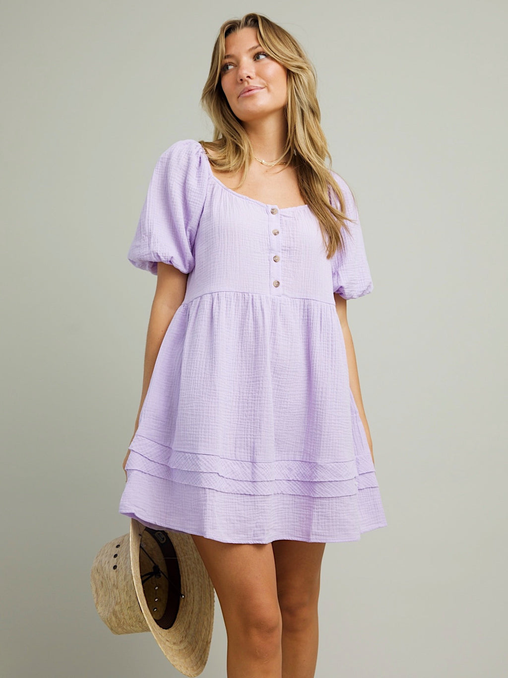 Elasticized Neck Puff Sleeve Mini Dress