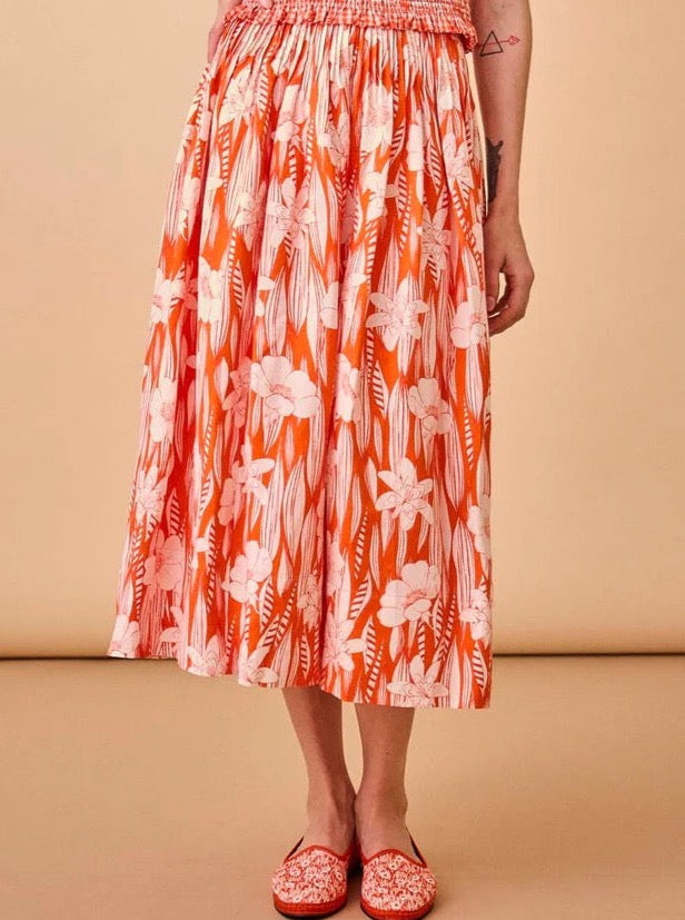 Pleated Waist Linen Blend Midi Skirt