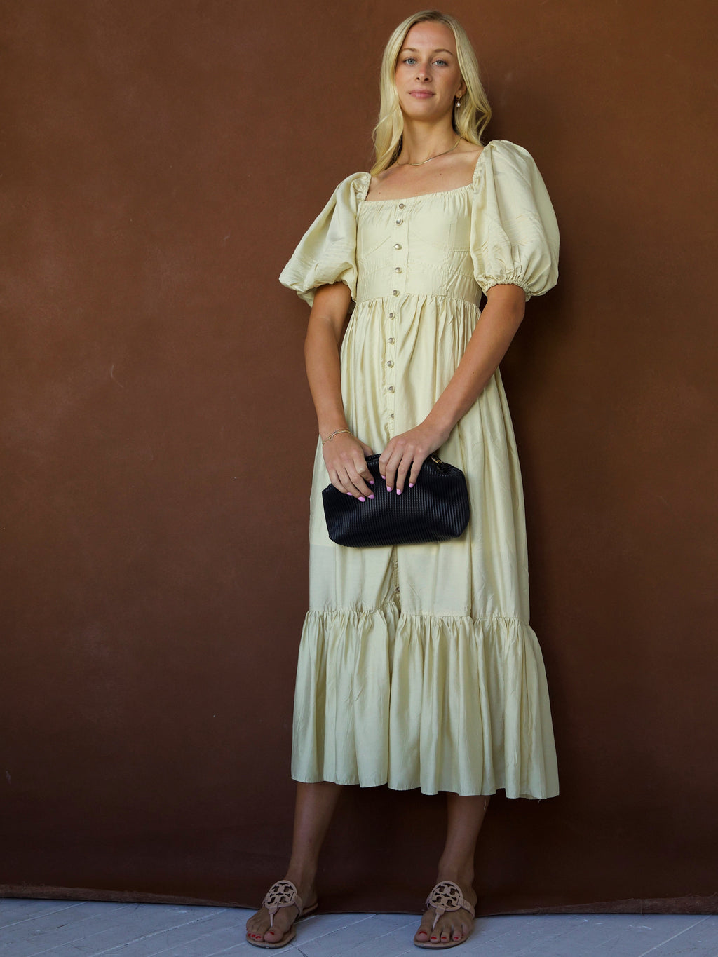 Shimmery Square Neck Blouson Midi Dress