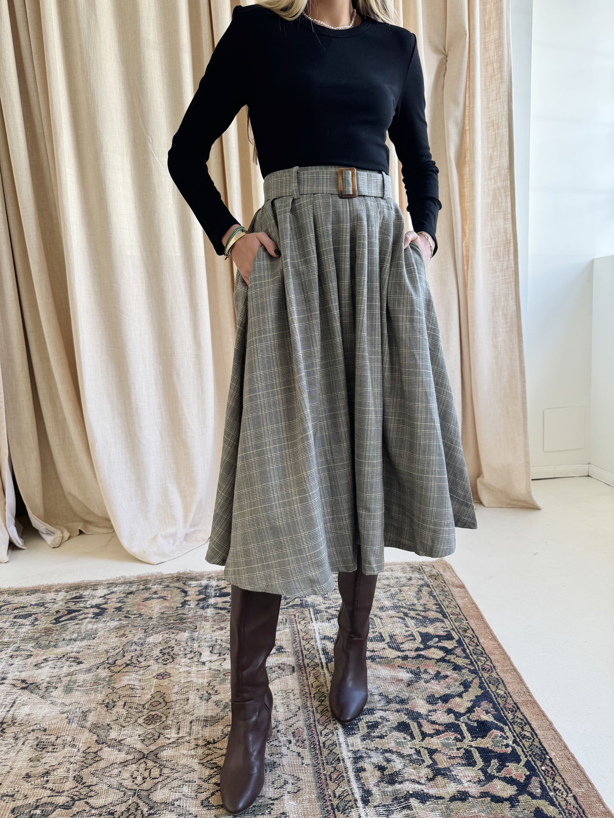 Plaid High-Rise Pleated Midi Skirt