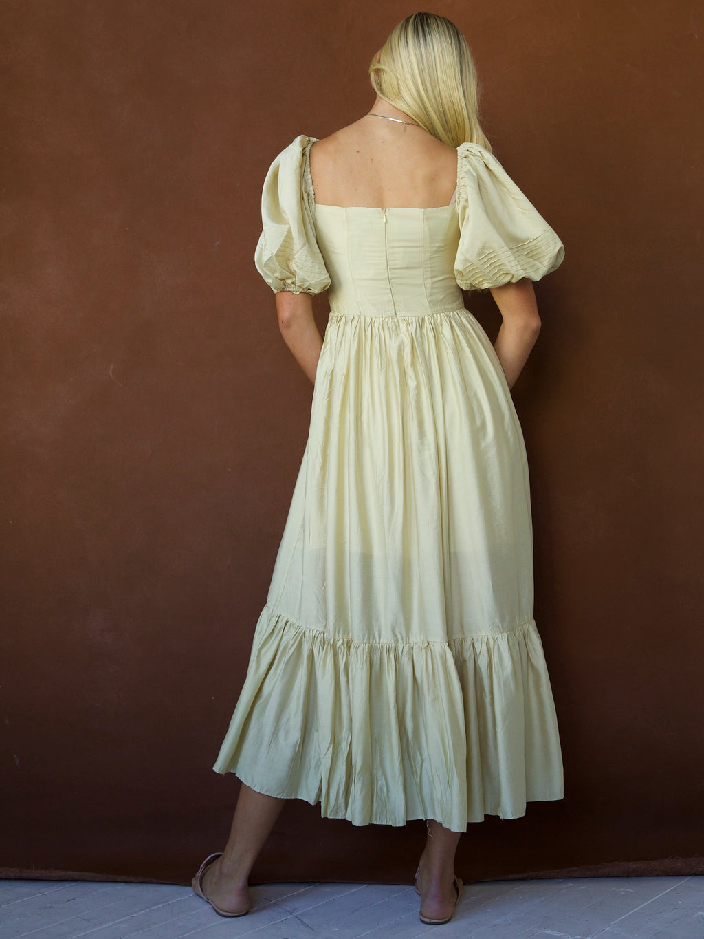 Shimmery Square Neck Blouson Midi Dress