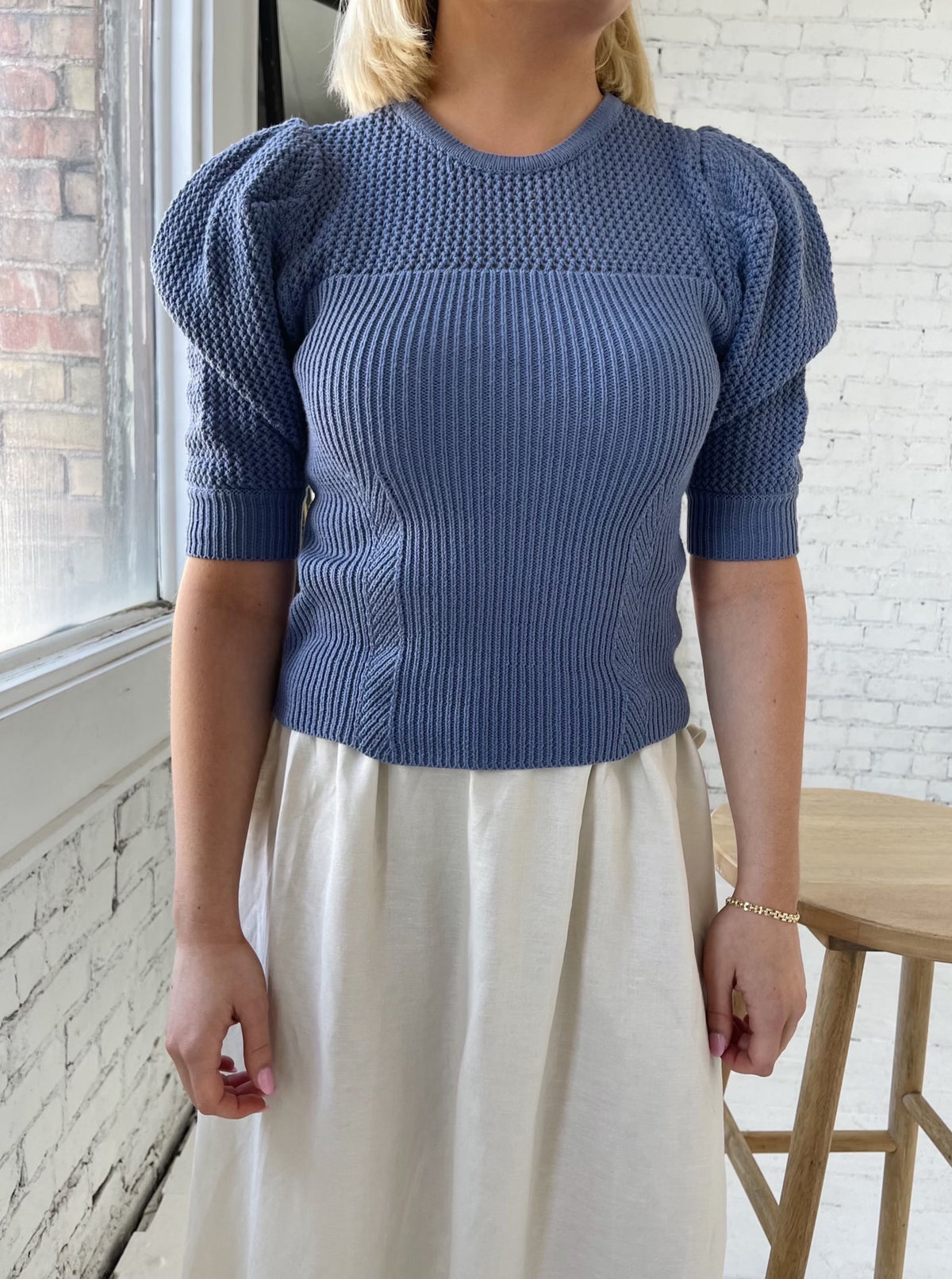 Open Weave Puff Sleeve Knit Sweater - Indigo