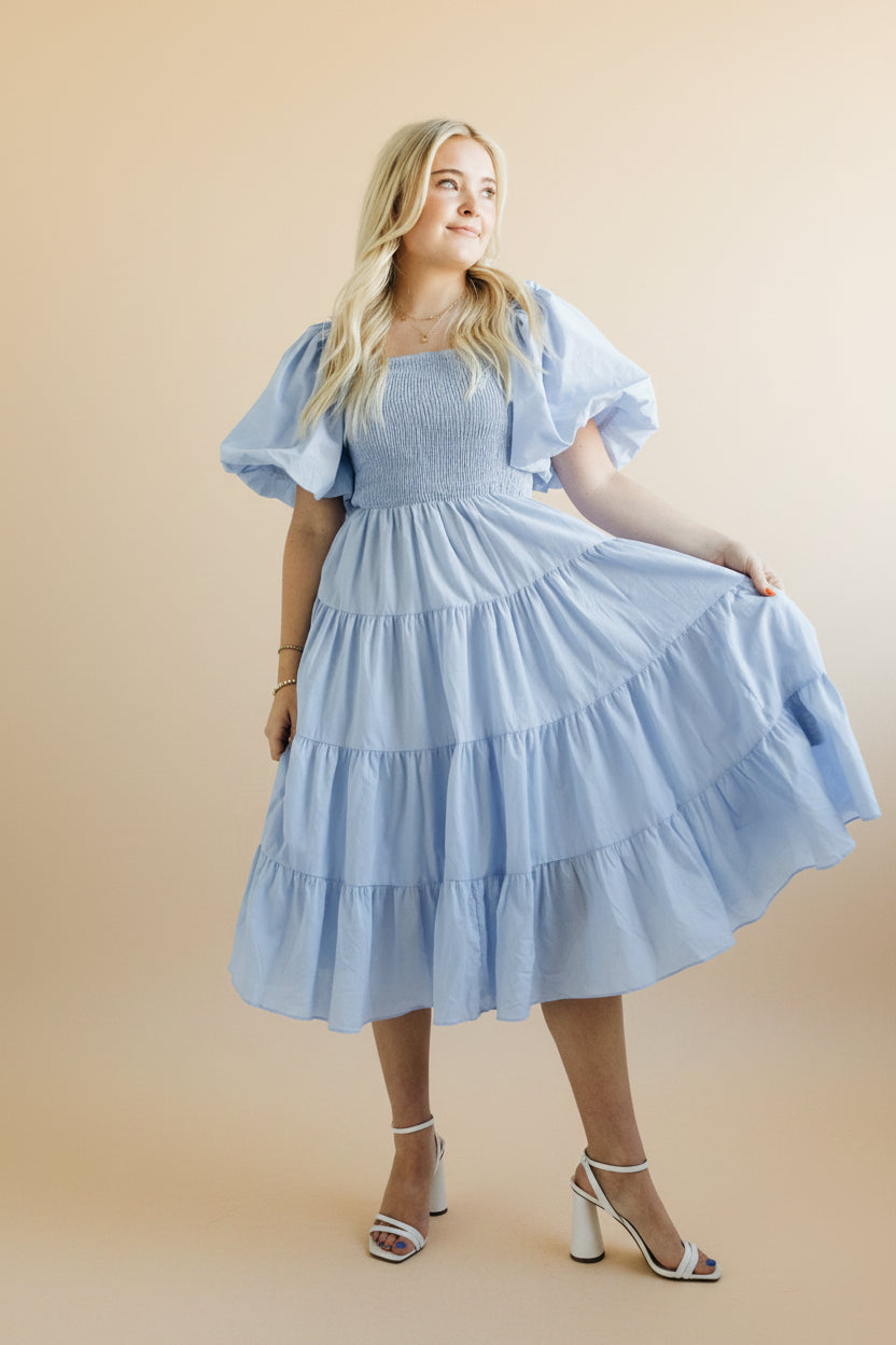 Square Smocked Puff Sleeve Tiered Midi Dress