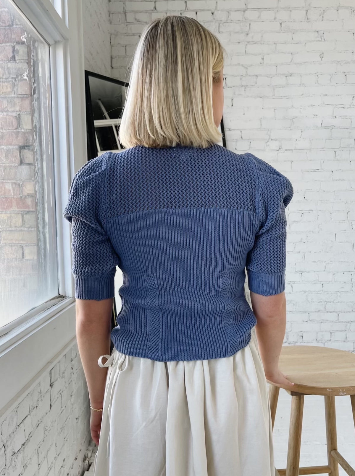 Open Weave Puff Sleeve Knit Sweater - Indigo