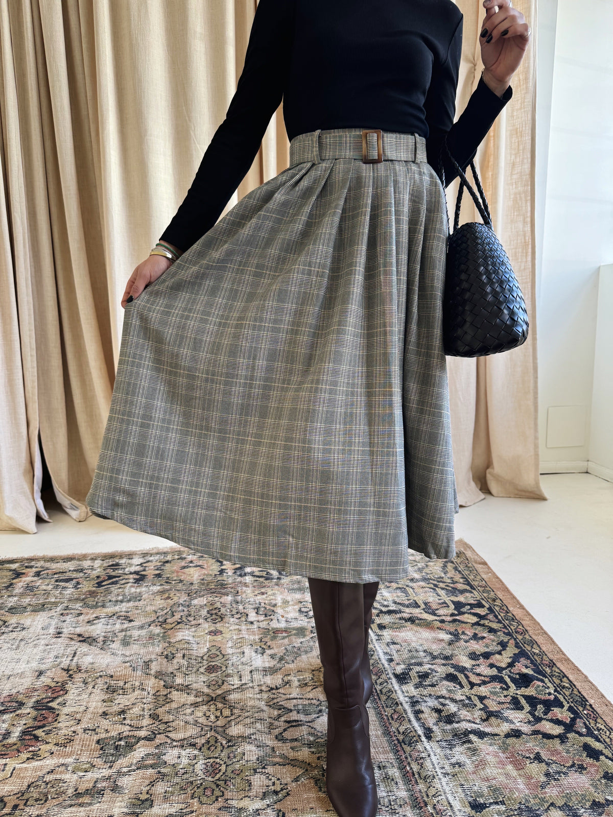 Plaid High-Rise Pleated Midi Skirt