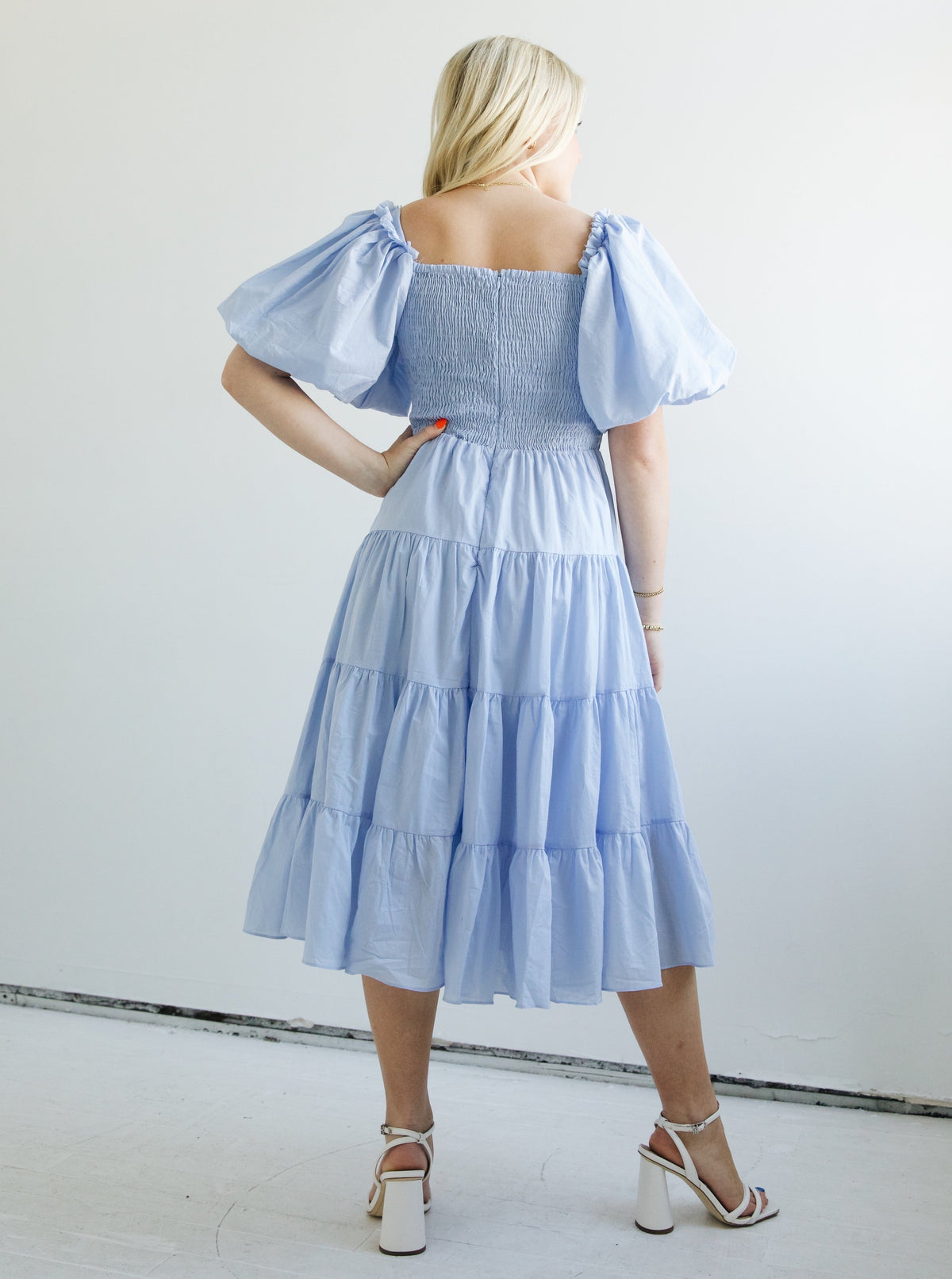 Square Smocked Puff Sleeve Tiered Midi Dress