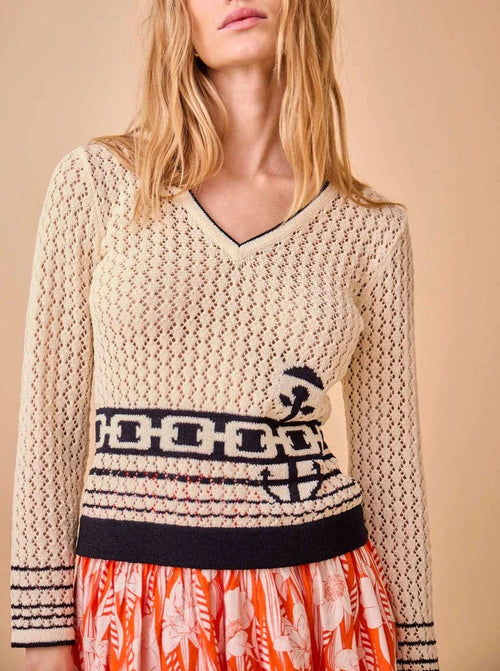 Anchor Motif V-Neck Knit Sweater
