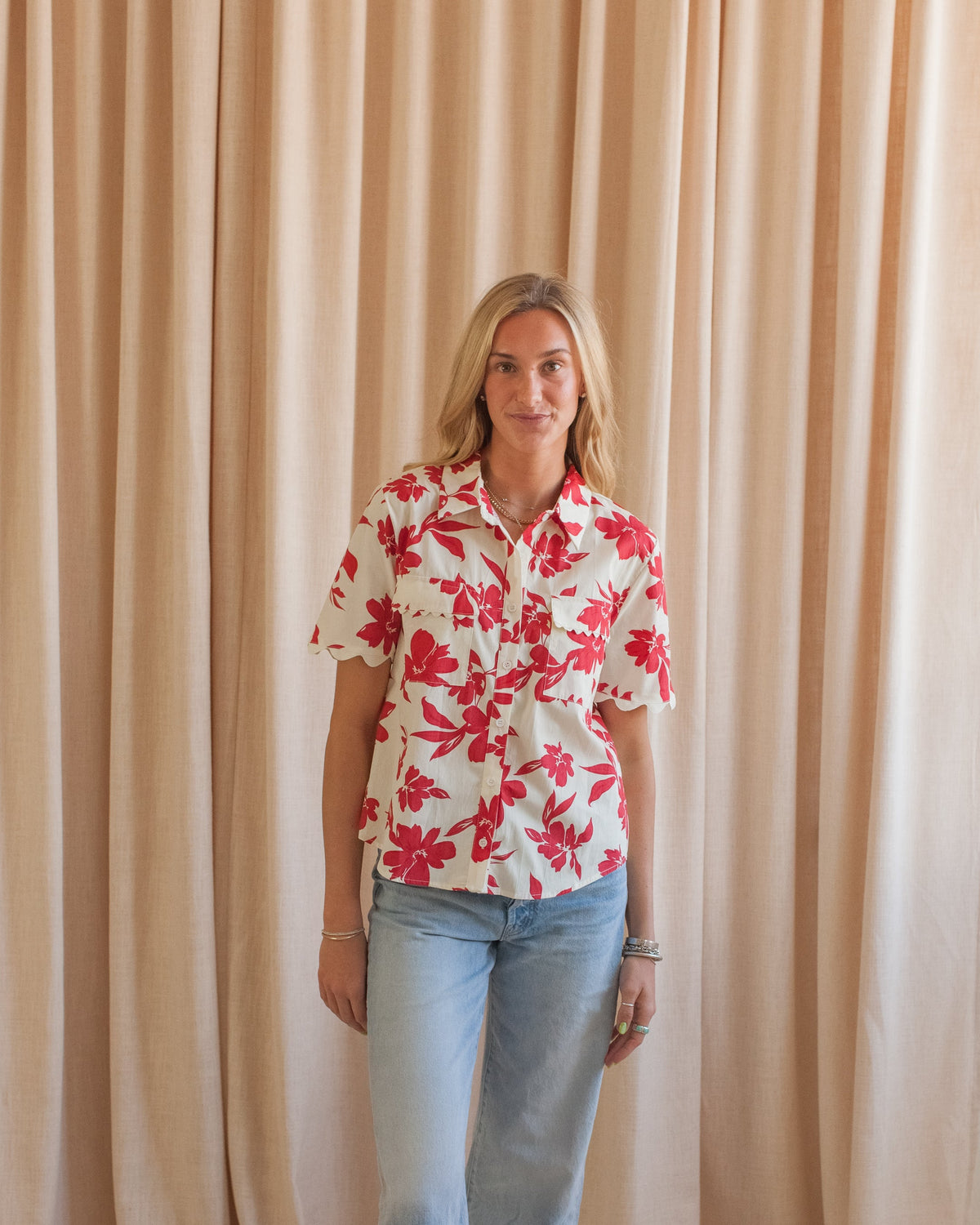Hibiscus Print Button-Up Blouse