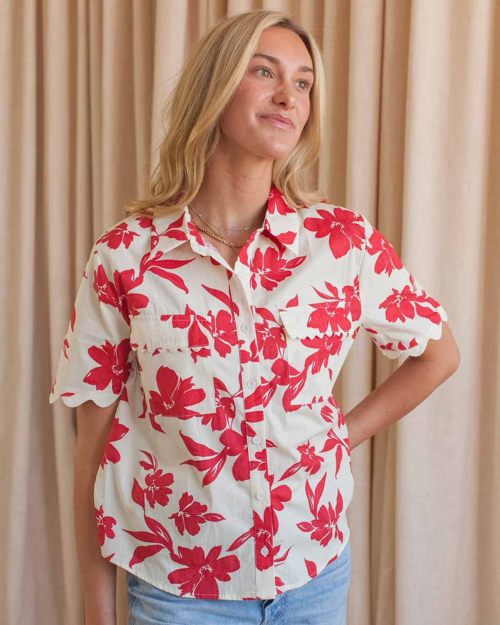 Hibiscus Print Button-Up Blouse