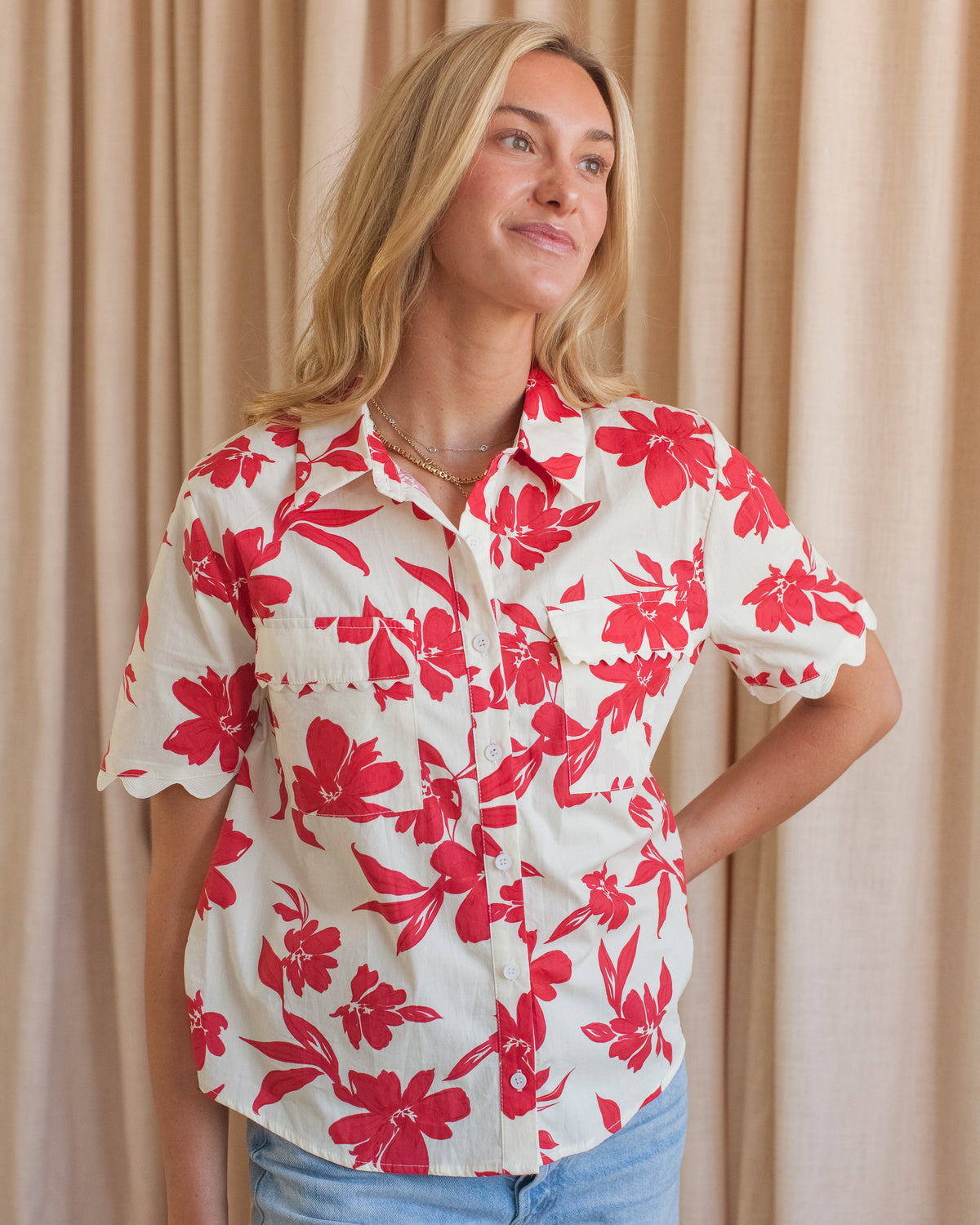 Hibiscus Print Button-Up Blouse