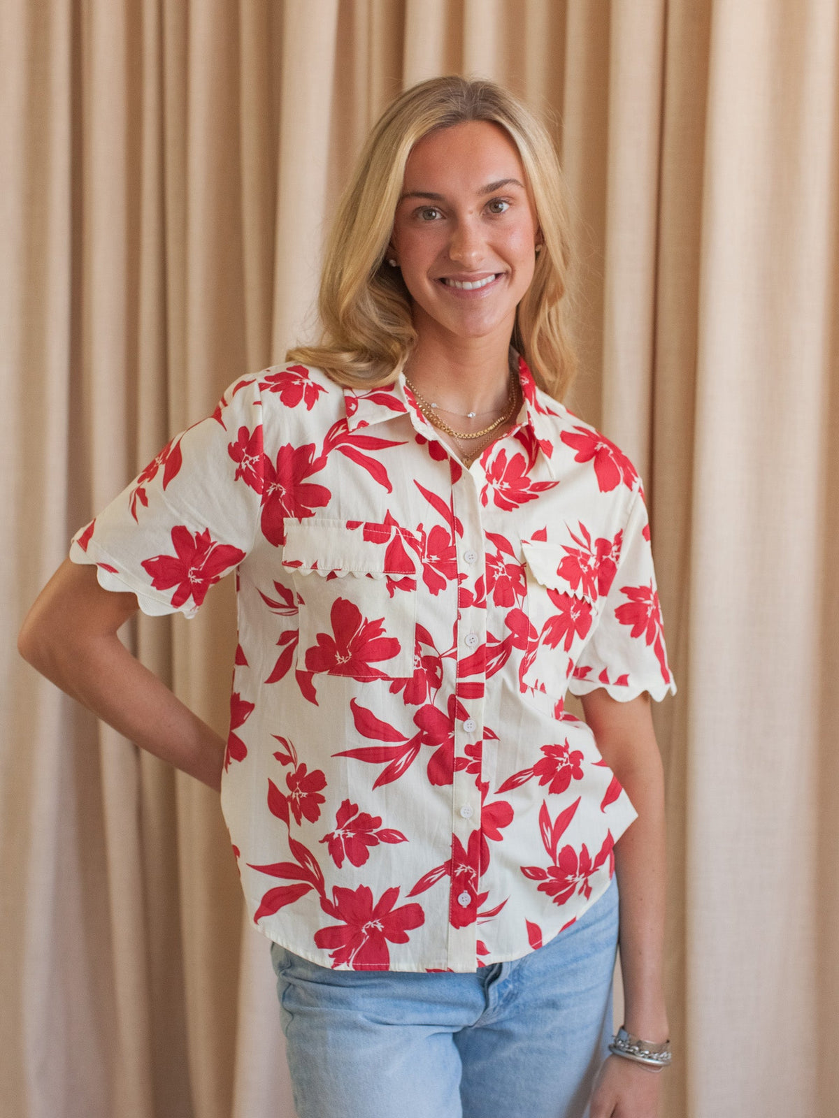 Hibiscus Print Button-Up Blouse
