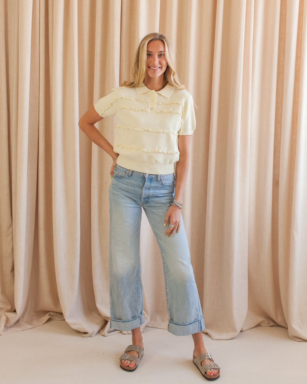 Lace Stripe Knit Polo Top