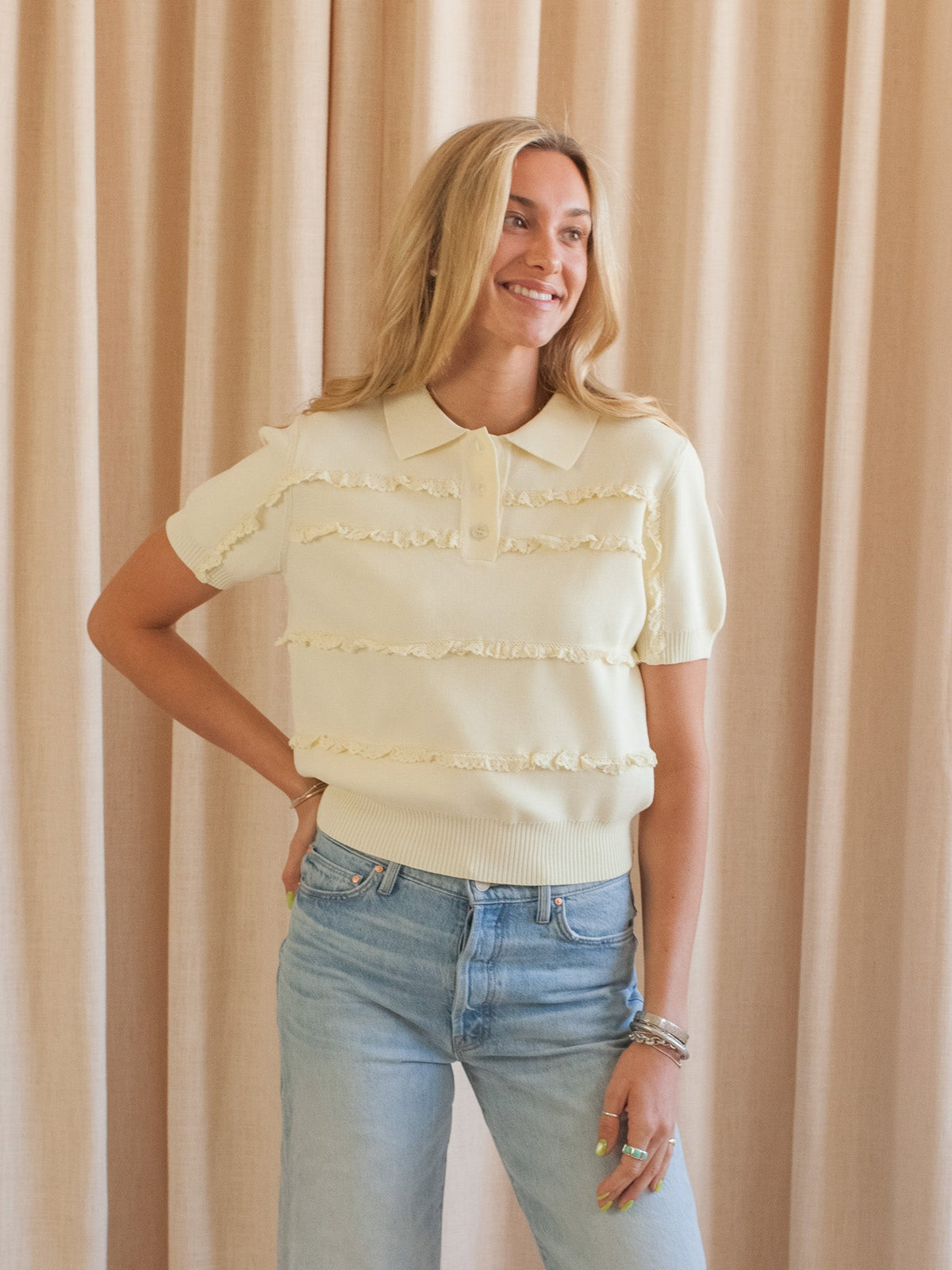 Lace Stripe Knit Polo Top