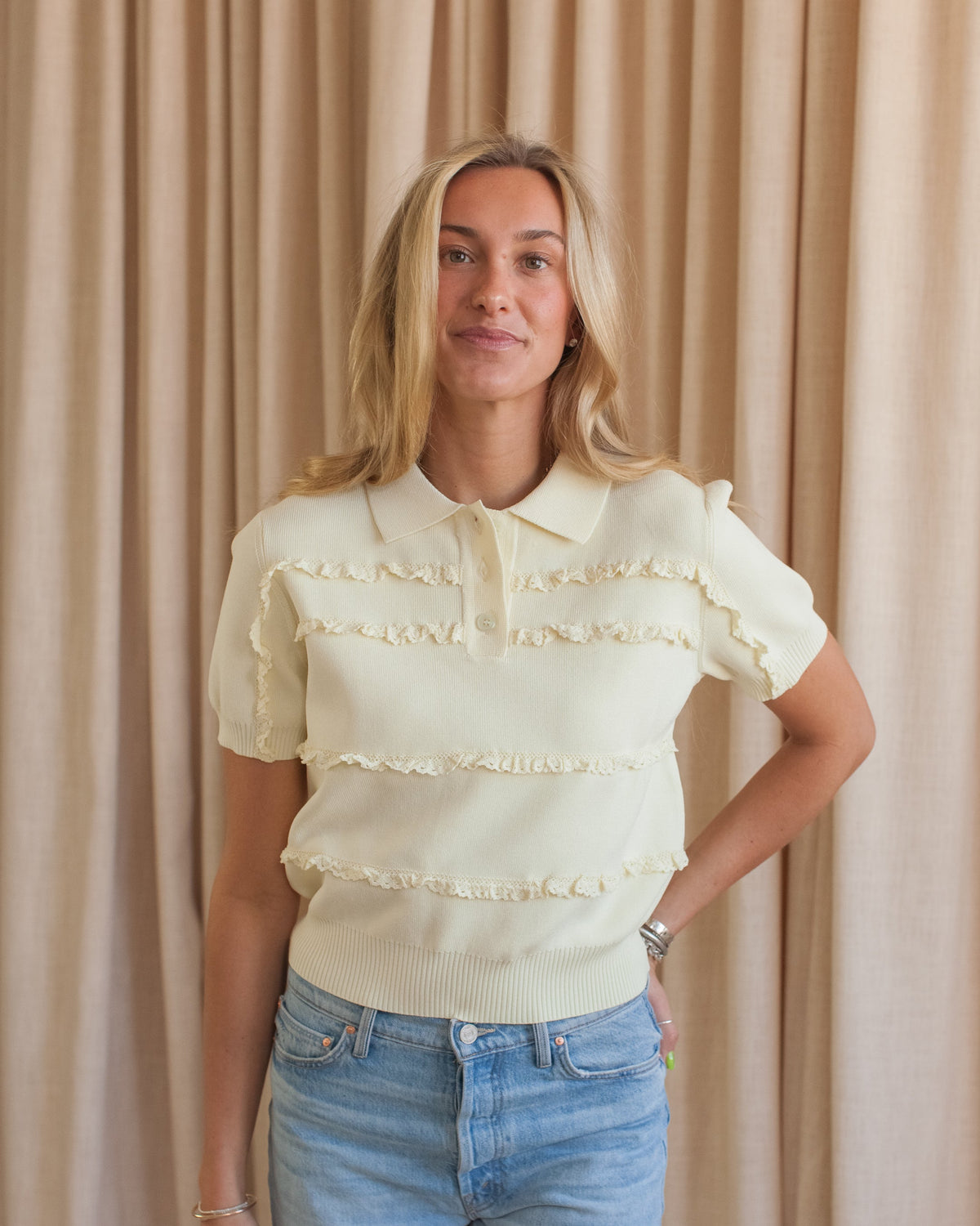Lace Stripe Knit Polo Top