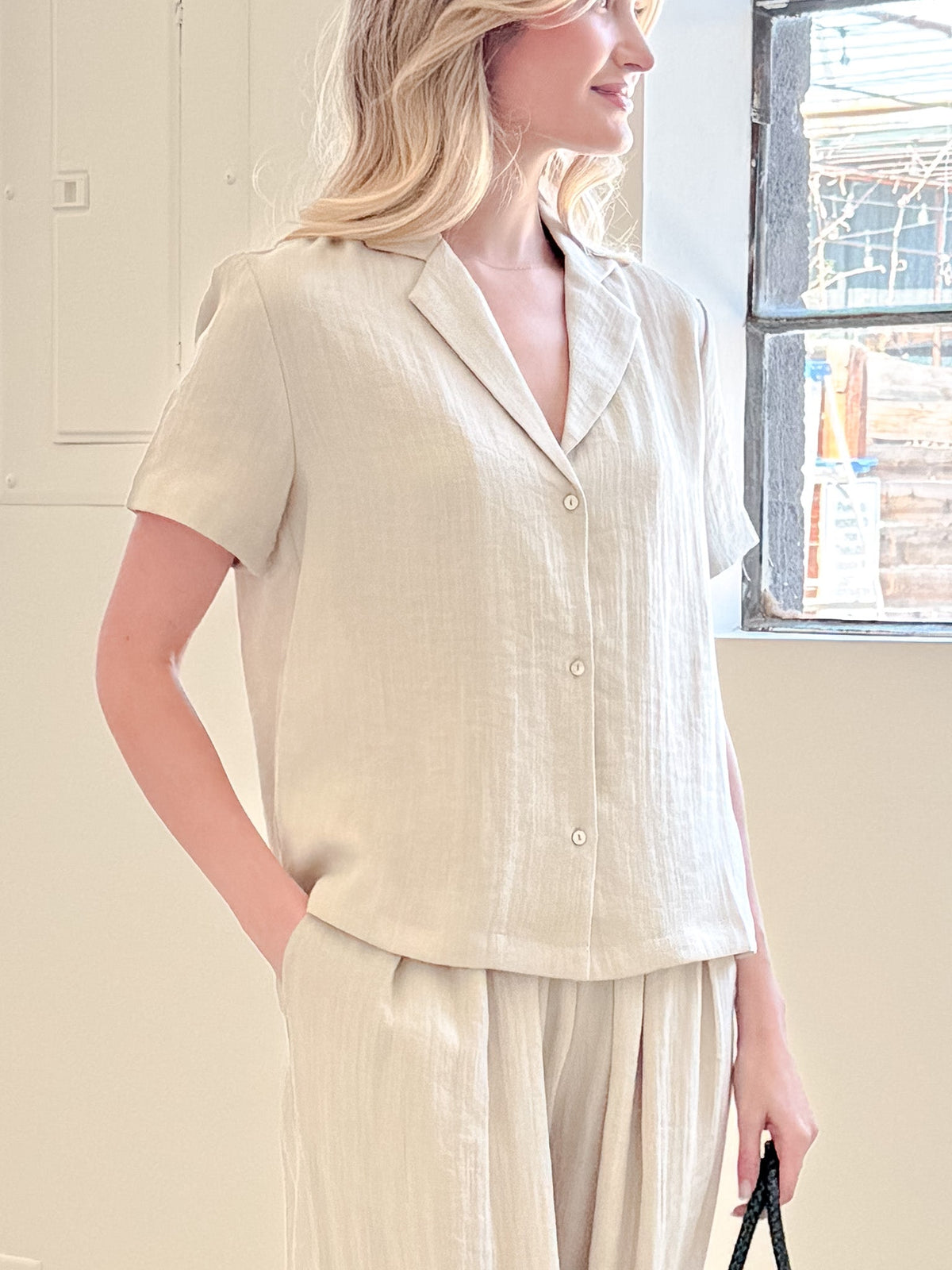 Relaxed Fit Button Front Short Sleeve Top