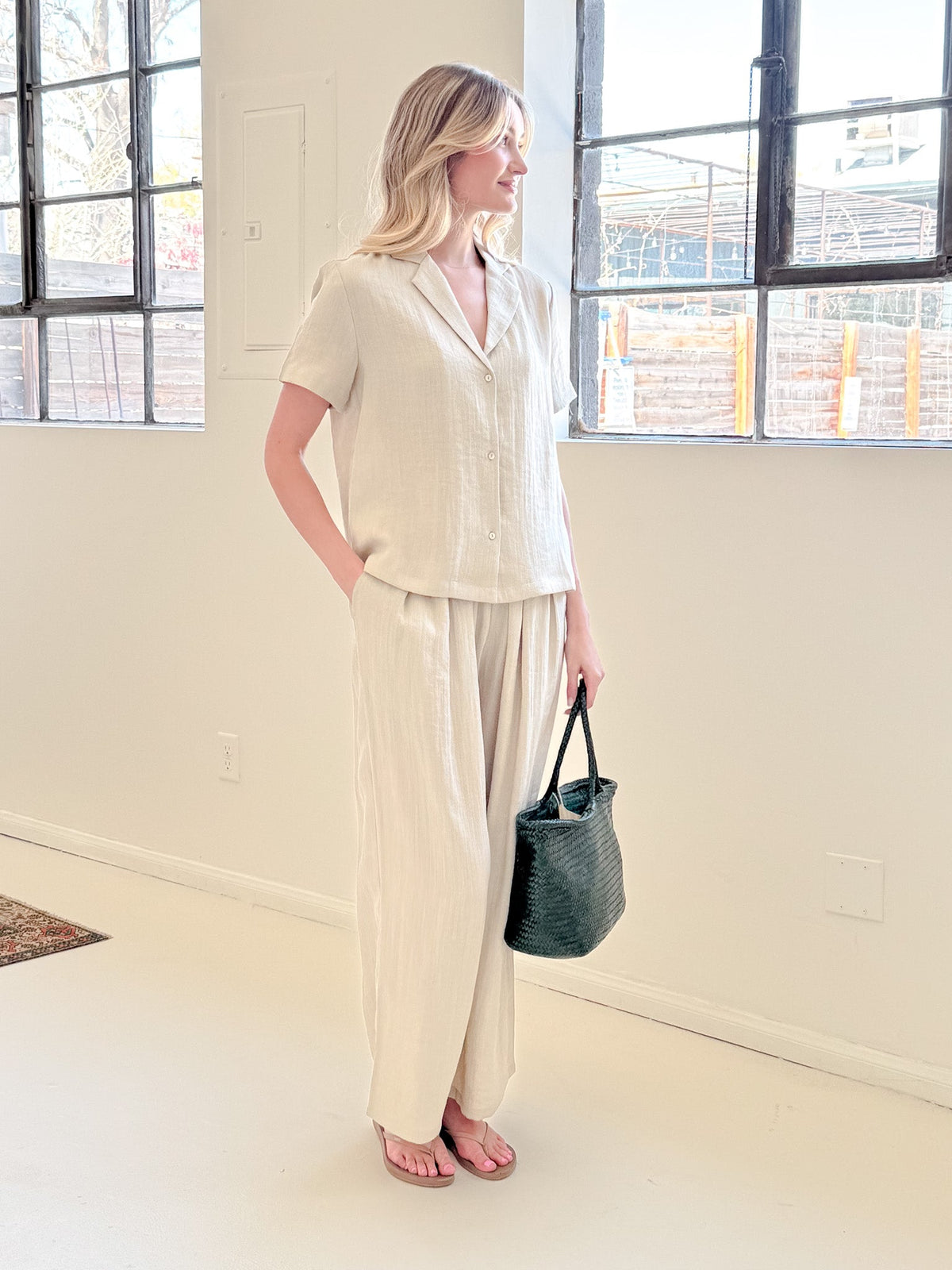 Baggy Leg Elastic Waist Linen Blend Trousers
