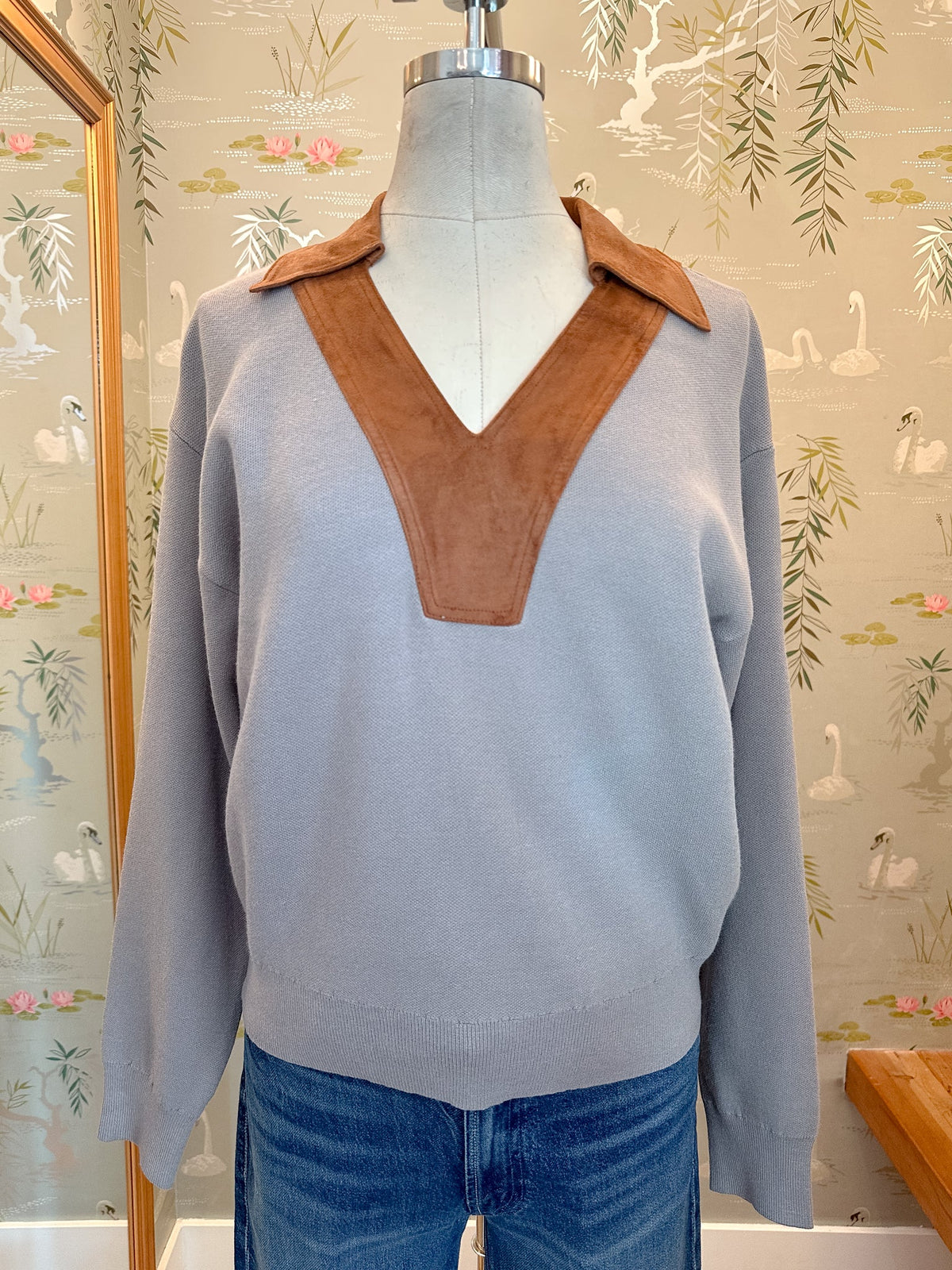 Faux Suede Collar Knit Sweater