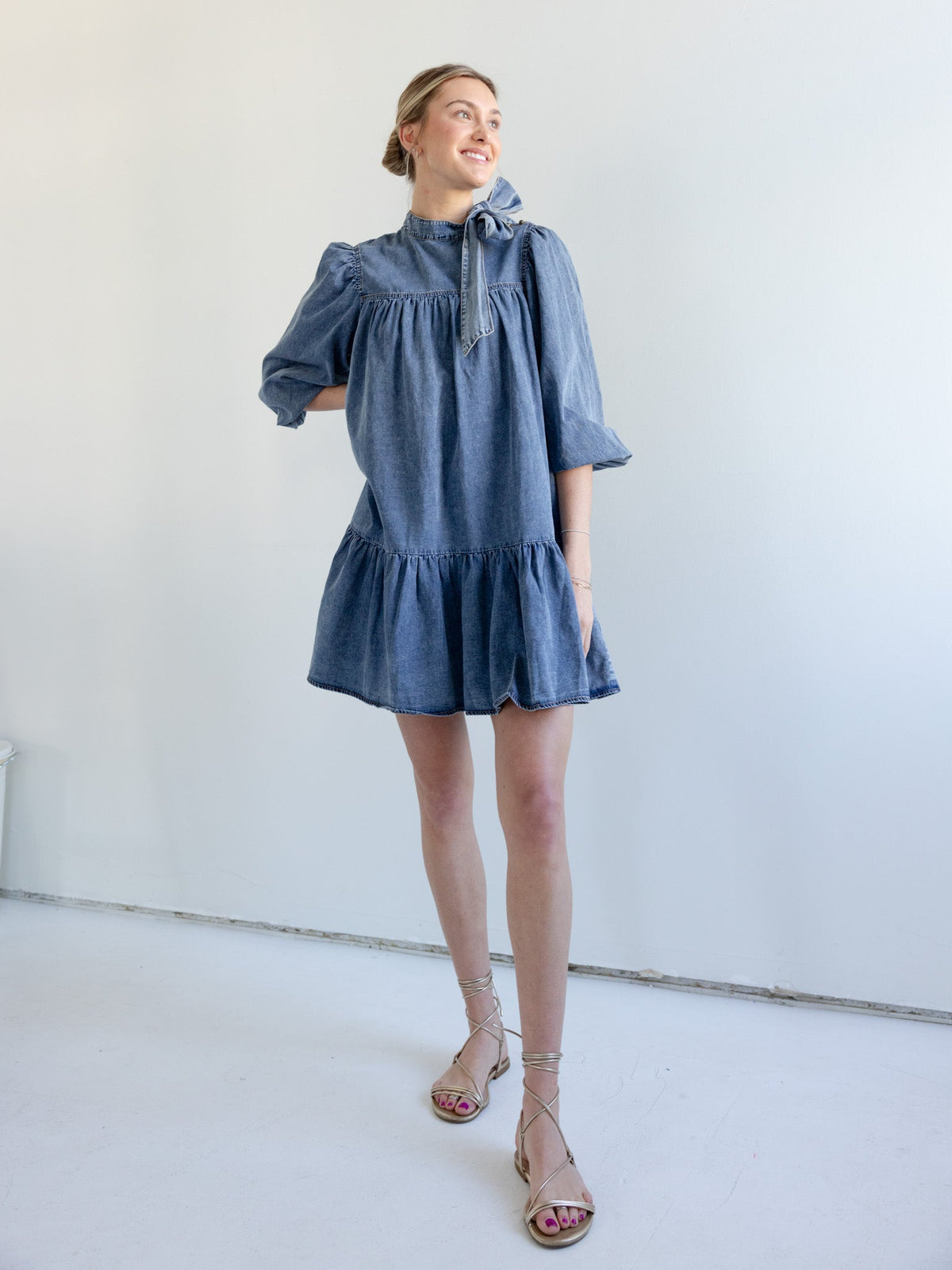 Puff Sleeve Ruffle Hem Denim Mini Dress