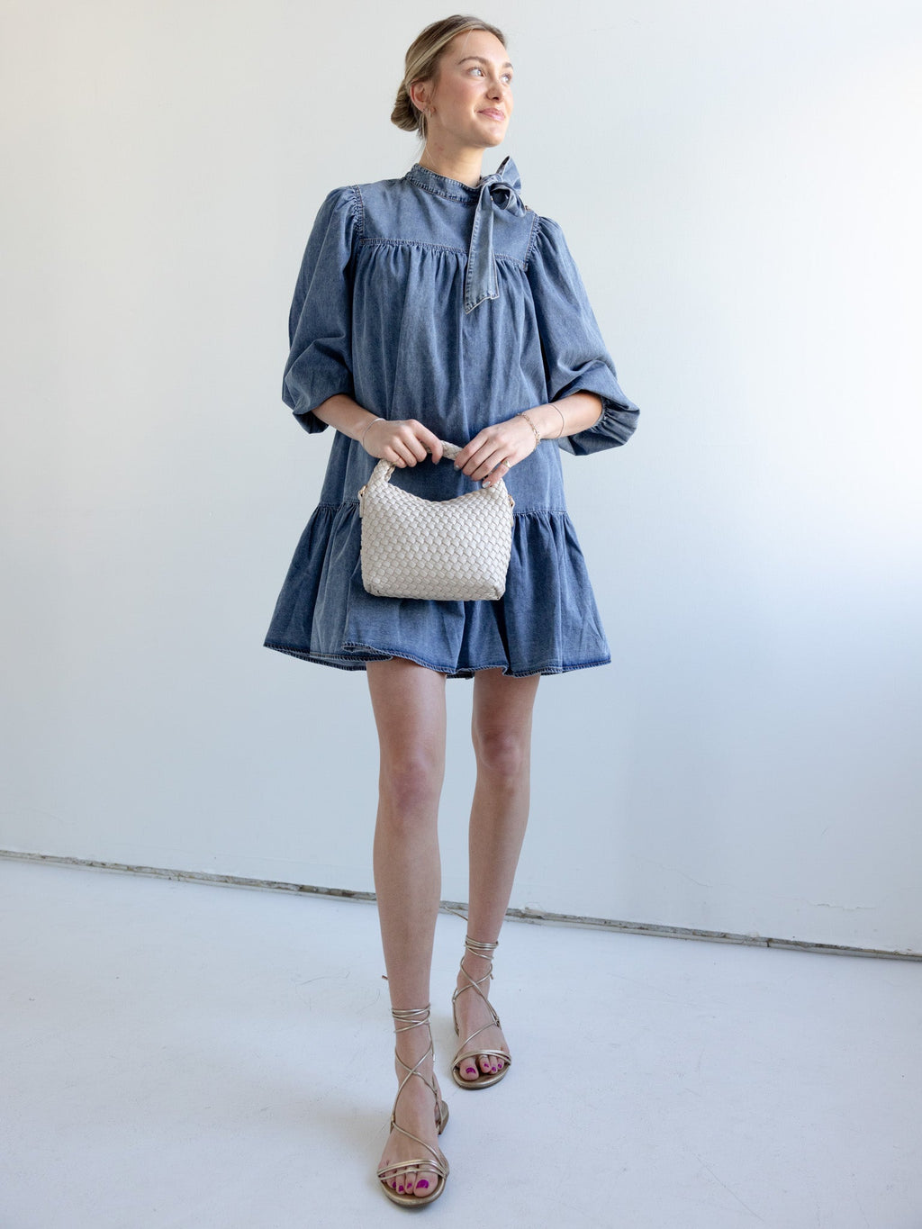 Puff Sleeve Ruffle Hem Denim Mini Dress