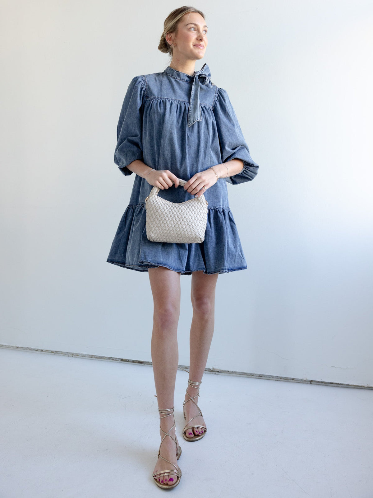 Puff Sleeve Ruffle Hem Denim Mini Dress