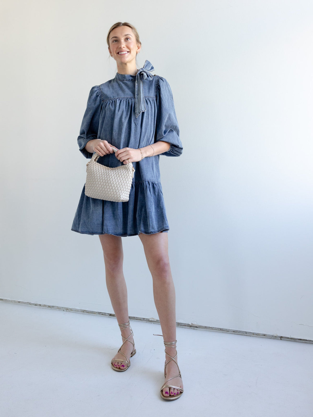 Puff Sleeve Ruffle Hem Denim Mini Dress