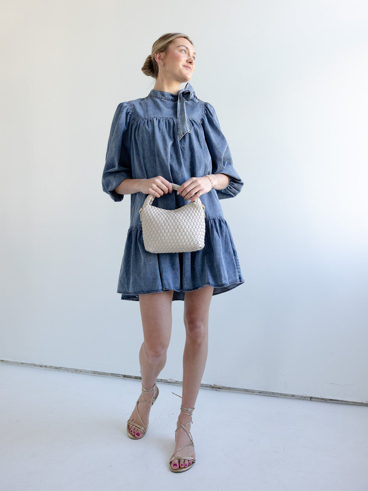 Puff Sleeve Ruffle Hem Denim Mini Dress