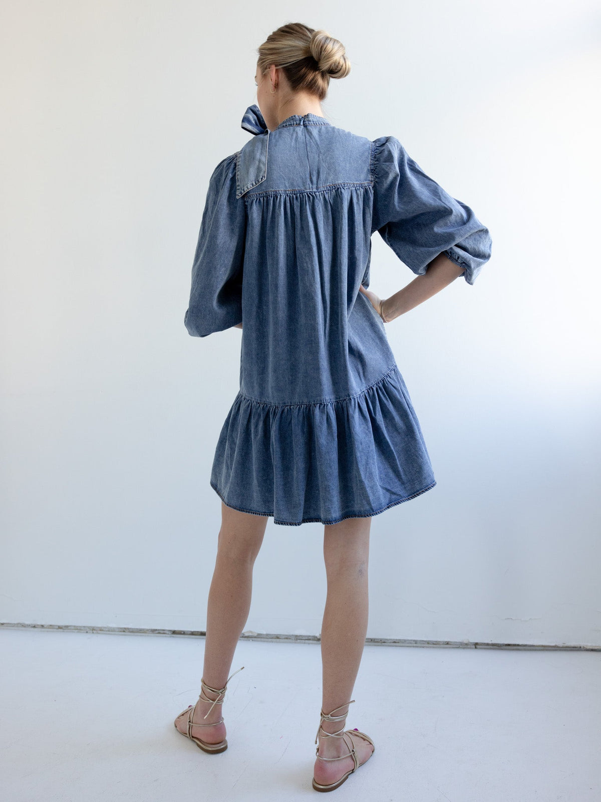 Puff Sleeve Ruffle Hem Denim Mini Dress