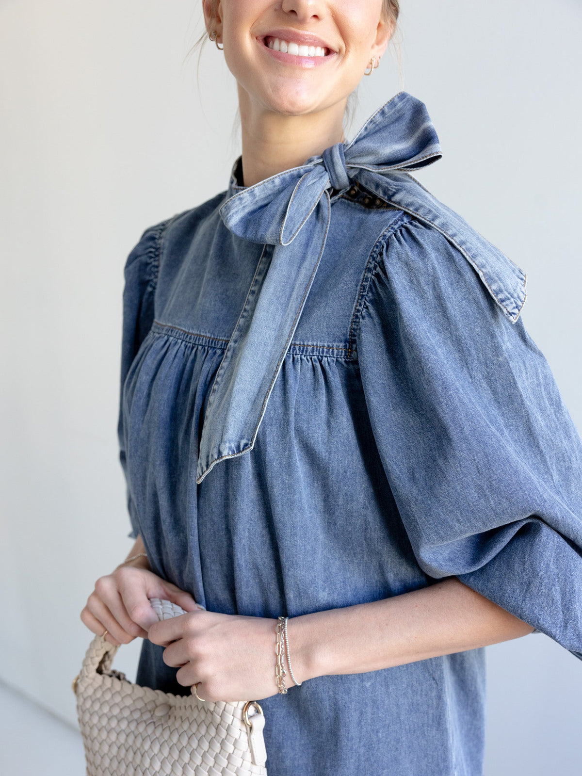 Puff Sleeve Ruffle Hem Denim Mini Dress