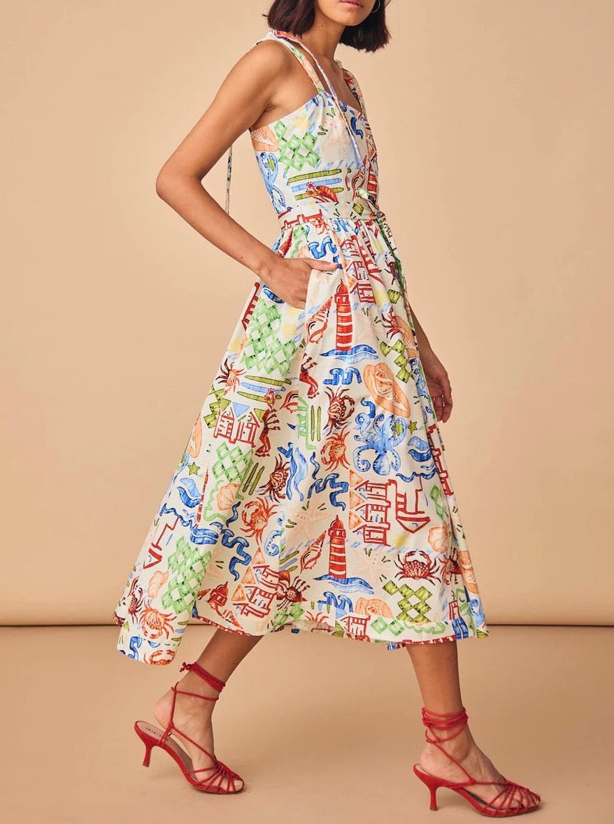 Square Neck Tie Strap Midi Dress