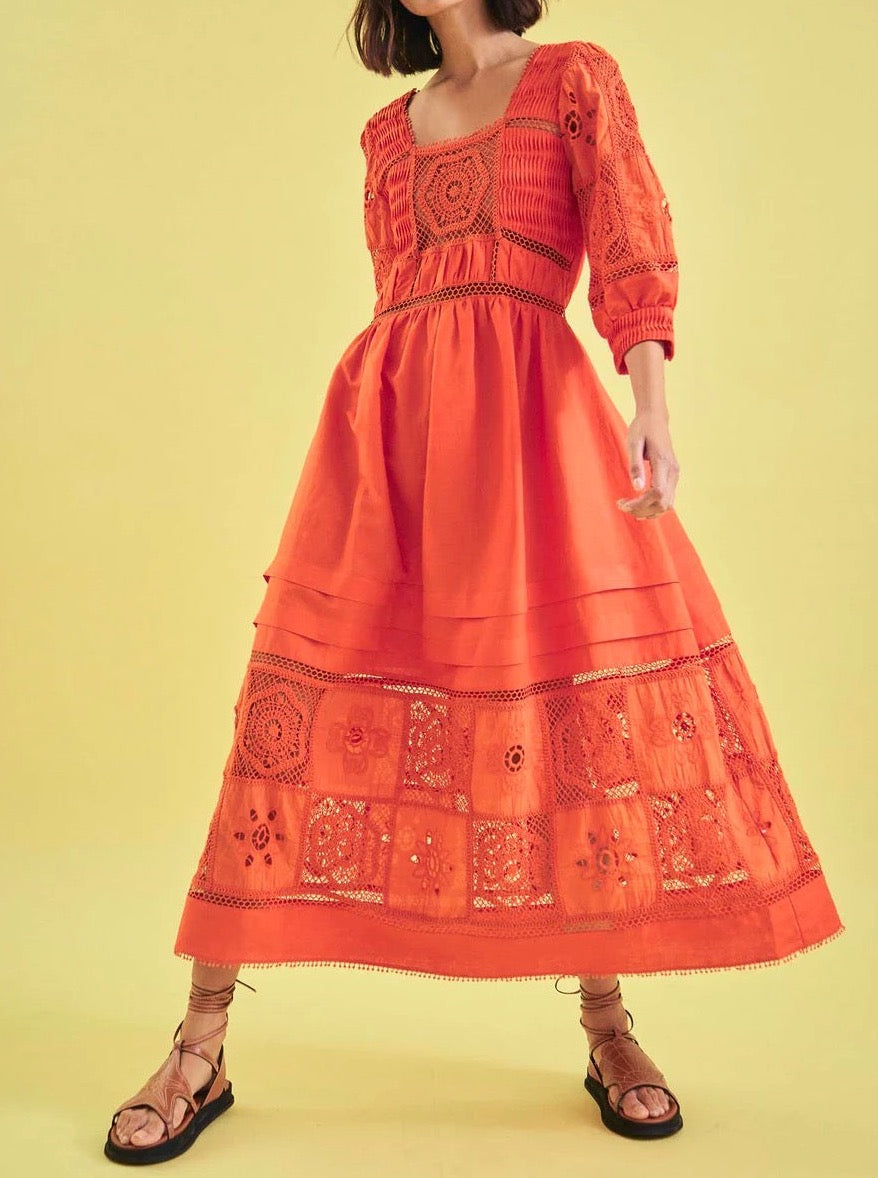Crochet Lace Square Neck Midi Dress