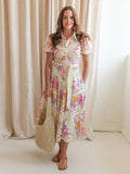 Pink Floral Puff Sleeve Button Midi Dress