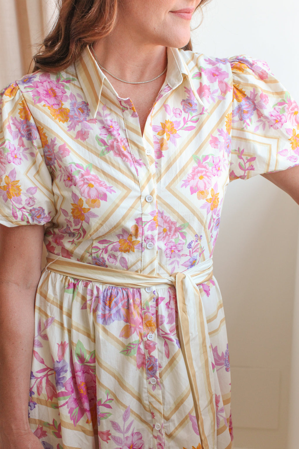 Pink Floral Puff Sleeve Button Midi Dress