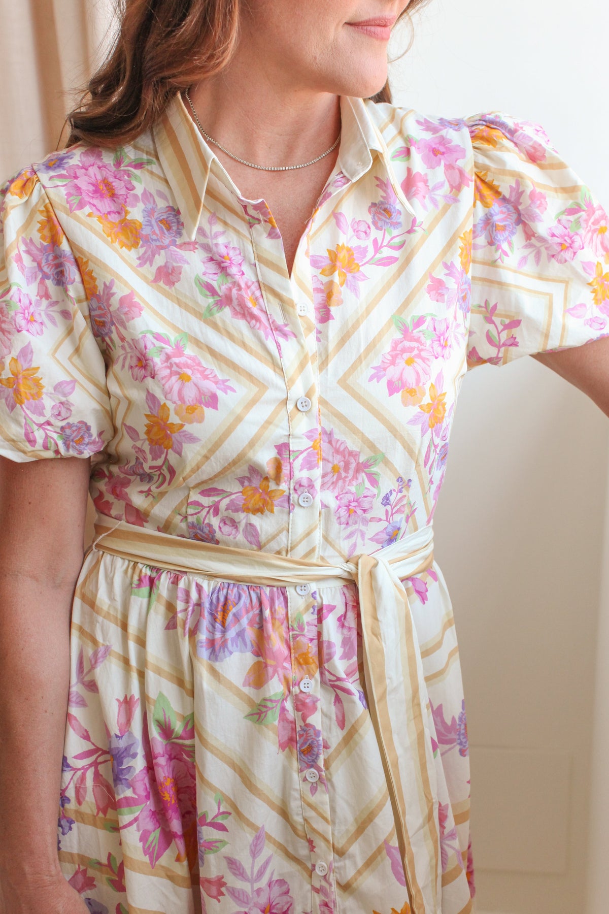 Pink Floral Puff Sleeve Button Midi Dress