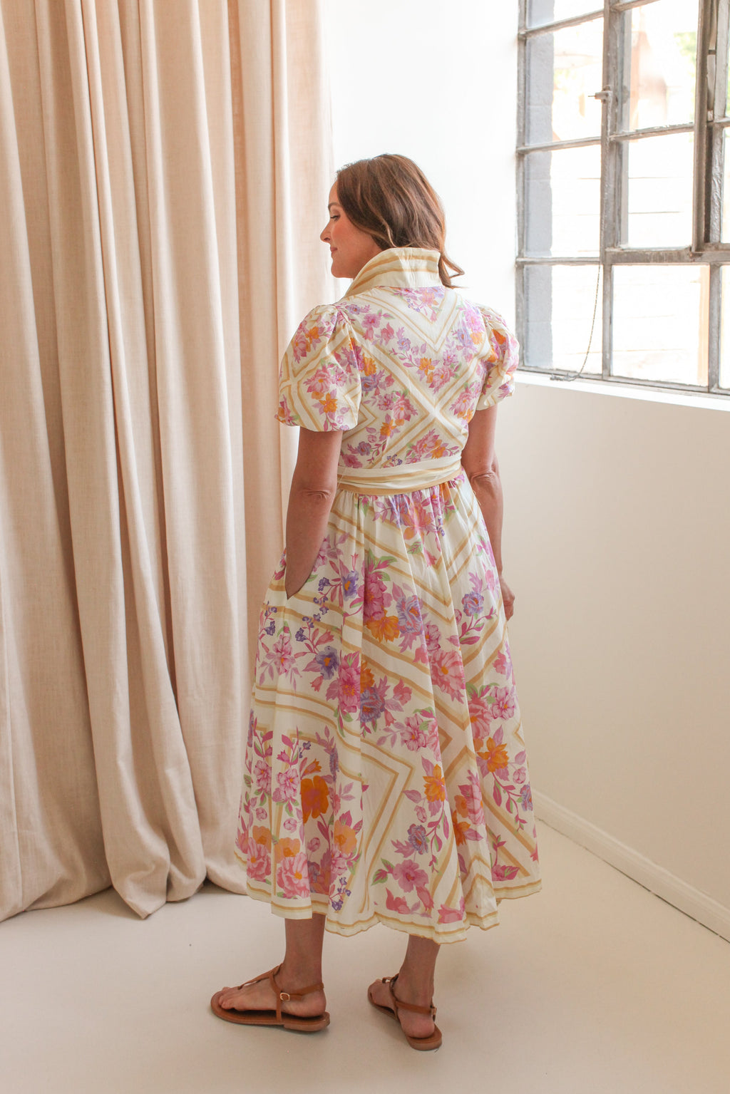 Pink Floral Puff Sleeve Button Midi Dress