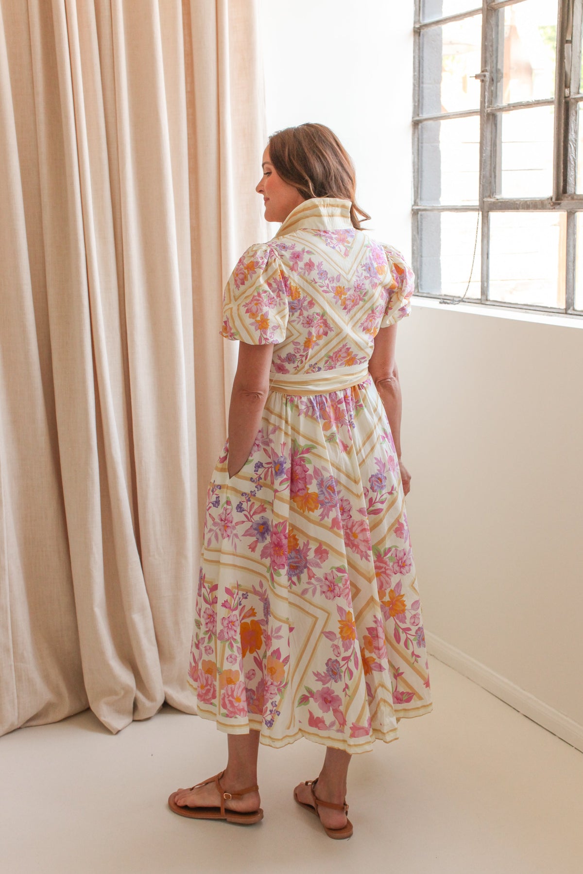 Pink Floral Puff Sleeve Button Midi Dress