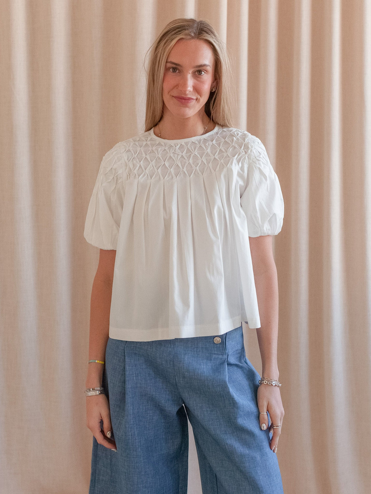 Honeycomb Pleat Puff Sleeve Blouse