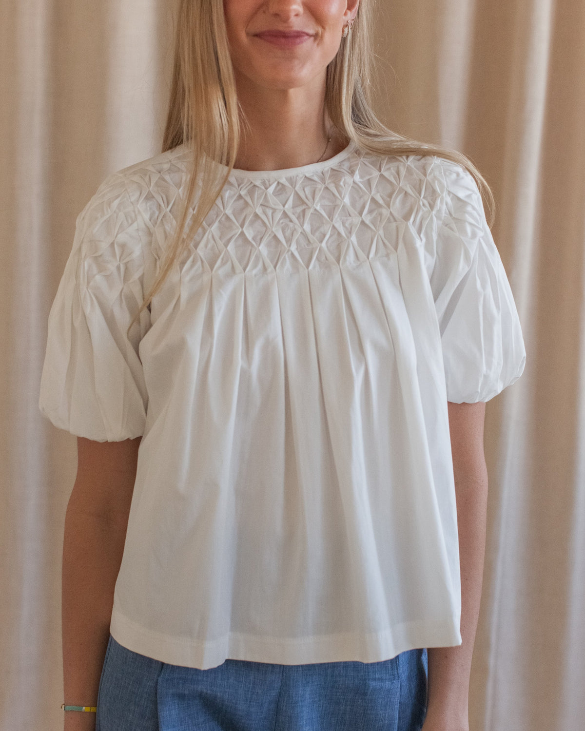 Honeycomb Pleat Puff Sleeve Blouse