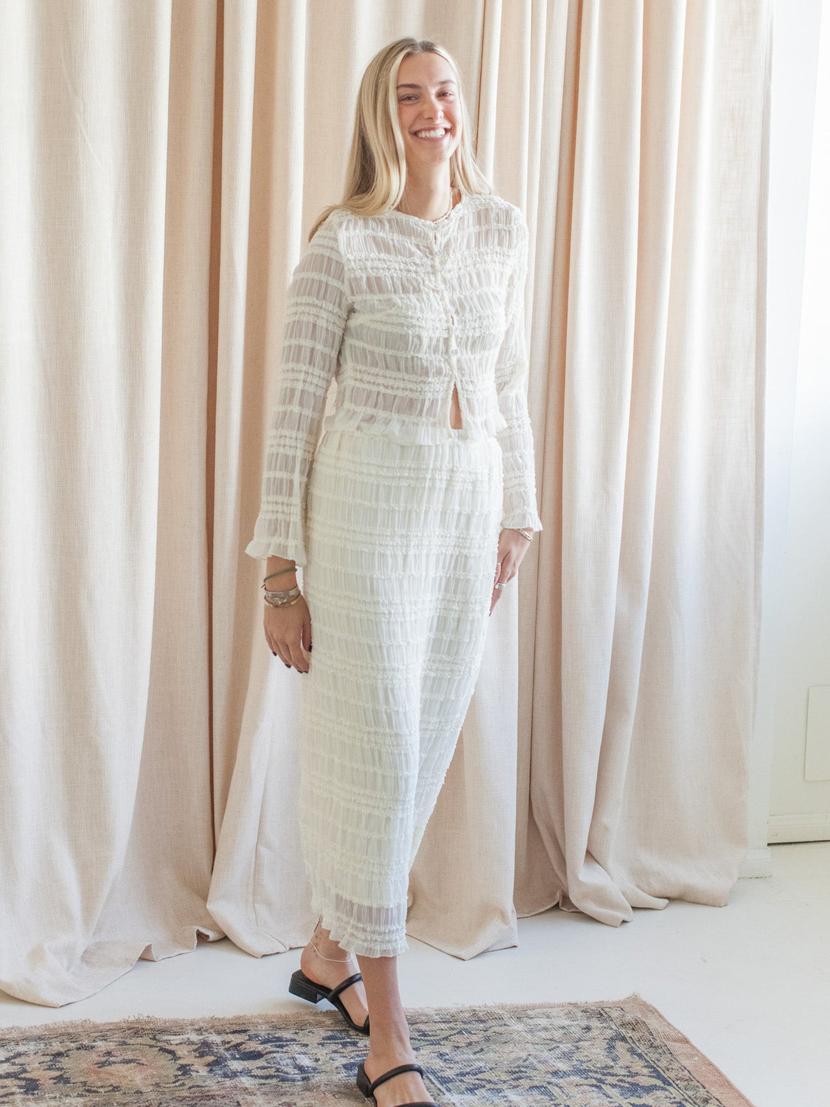Crinkle Smocked High-Waist Midi Skirt - Cream