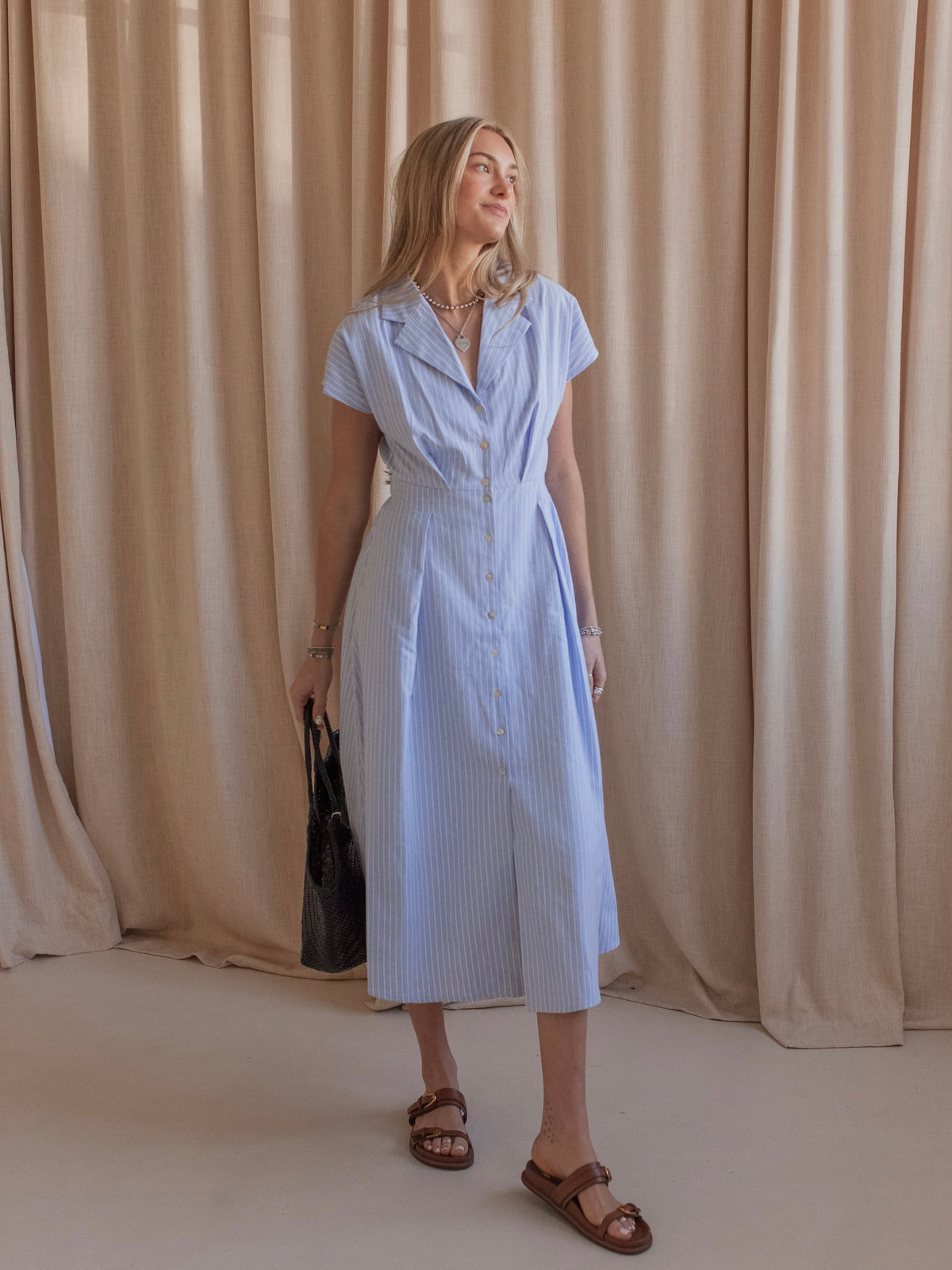 Pinstripe Button-Front Midi Dress