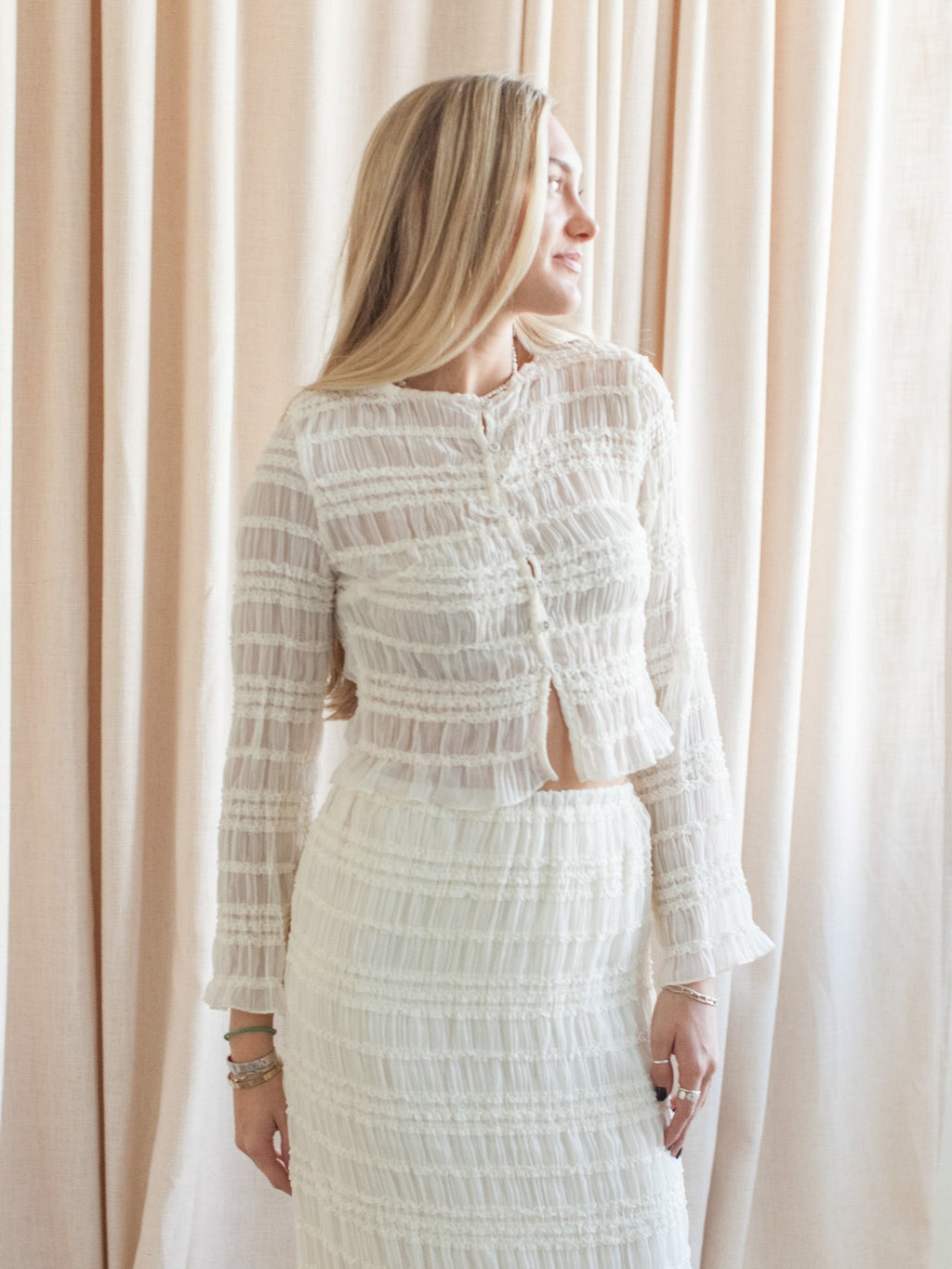 Crinkle Smocked Button Blouse - Cream