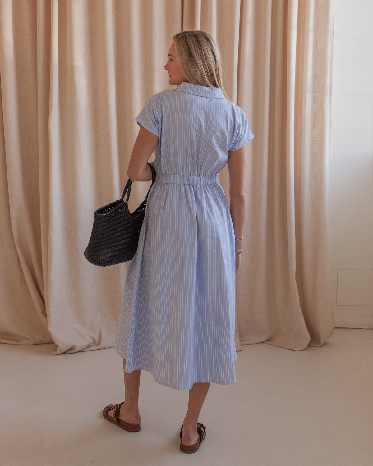 Pinstripe Button-Front Midi Dress