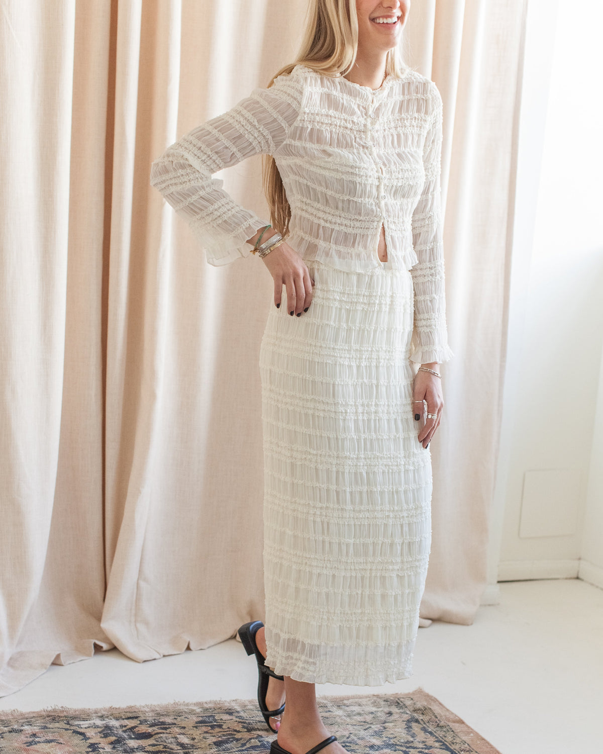 Crinkle Smocked High-Waist Midi Skirt - Cream