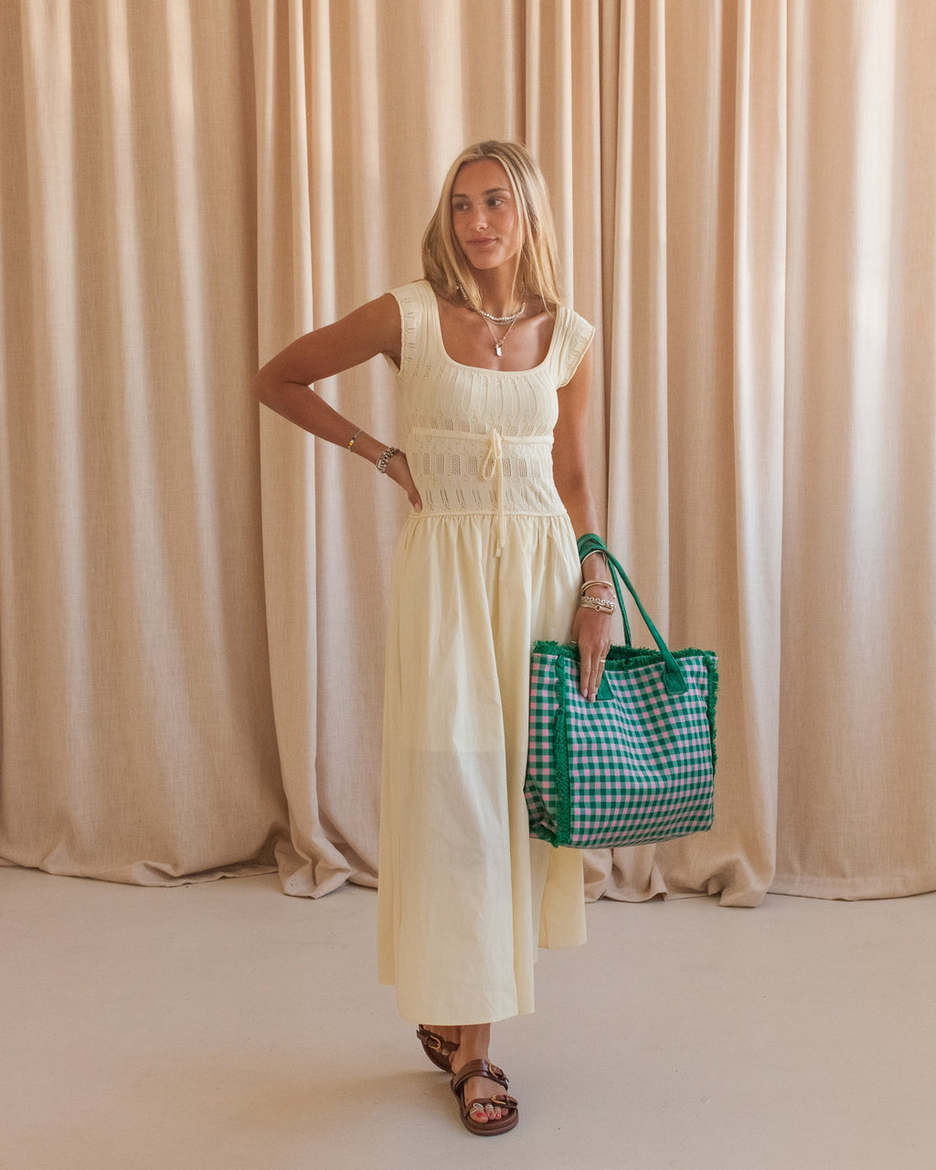 Knit Bodice Poplin Skirt Midi Dress