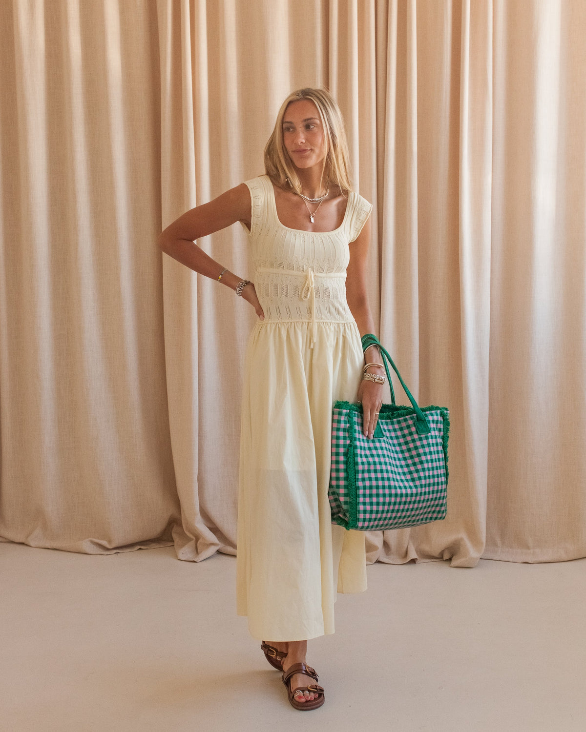 Knit Bodice Poplin Skirt Midi Dress