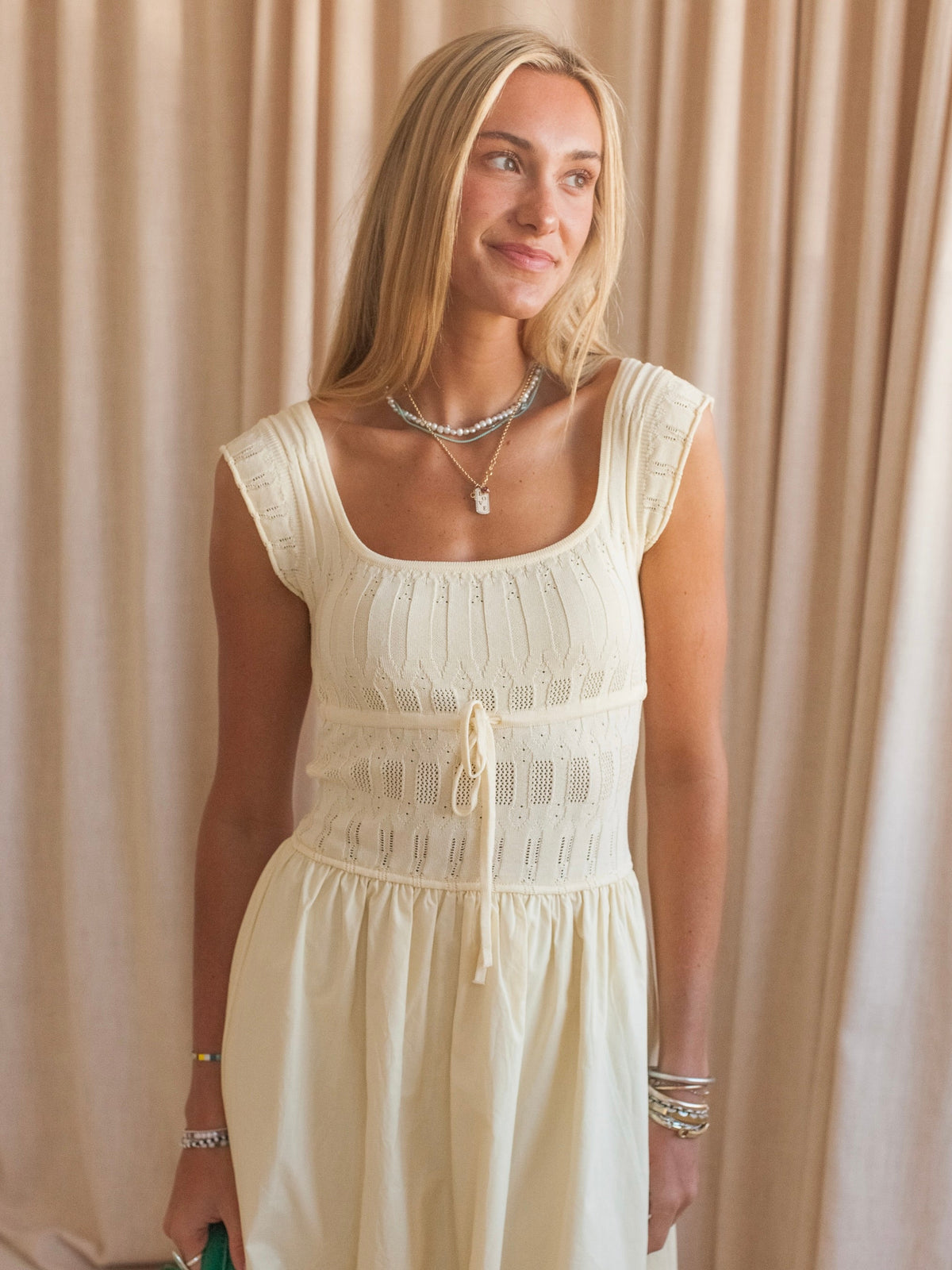 Knit Bodice Poplin Skirt Midi Dress