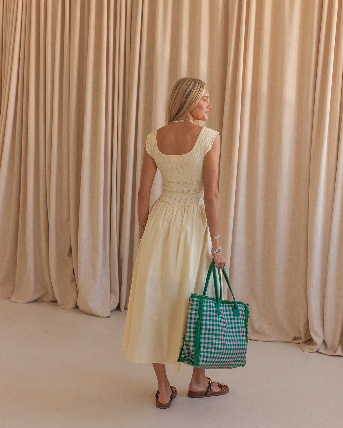 Knit Bodice Poplin Skirt Midi Dress