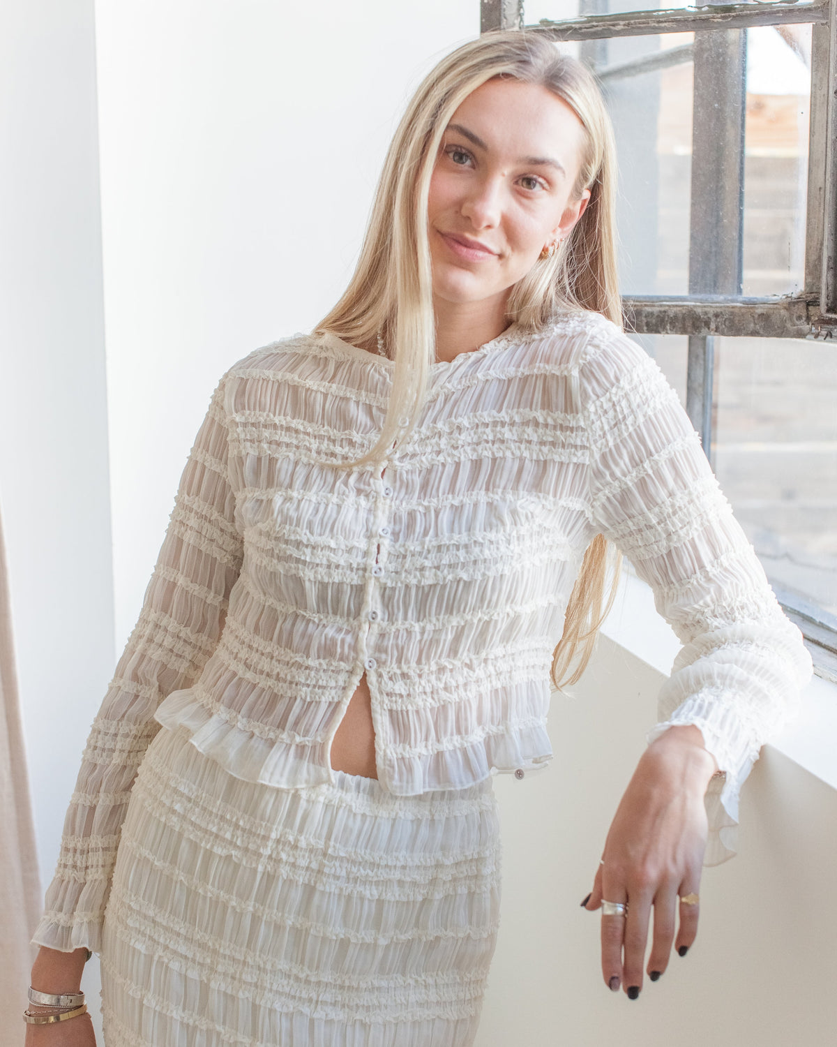 Crinkle Smocked Button Blouse - Cream