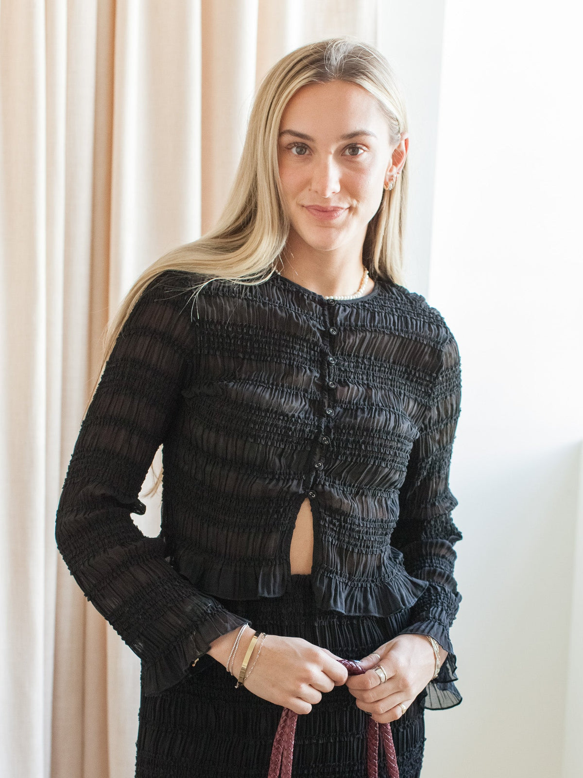 Crinkle Smocked Button Blouse - Black